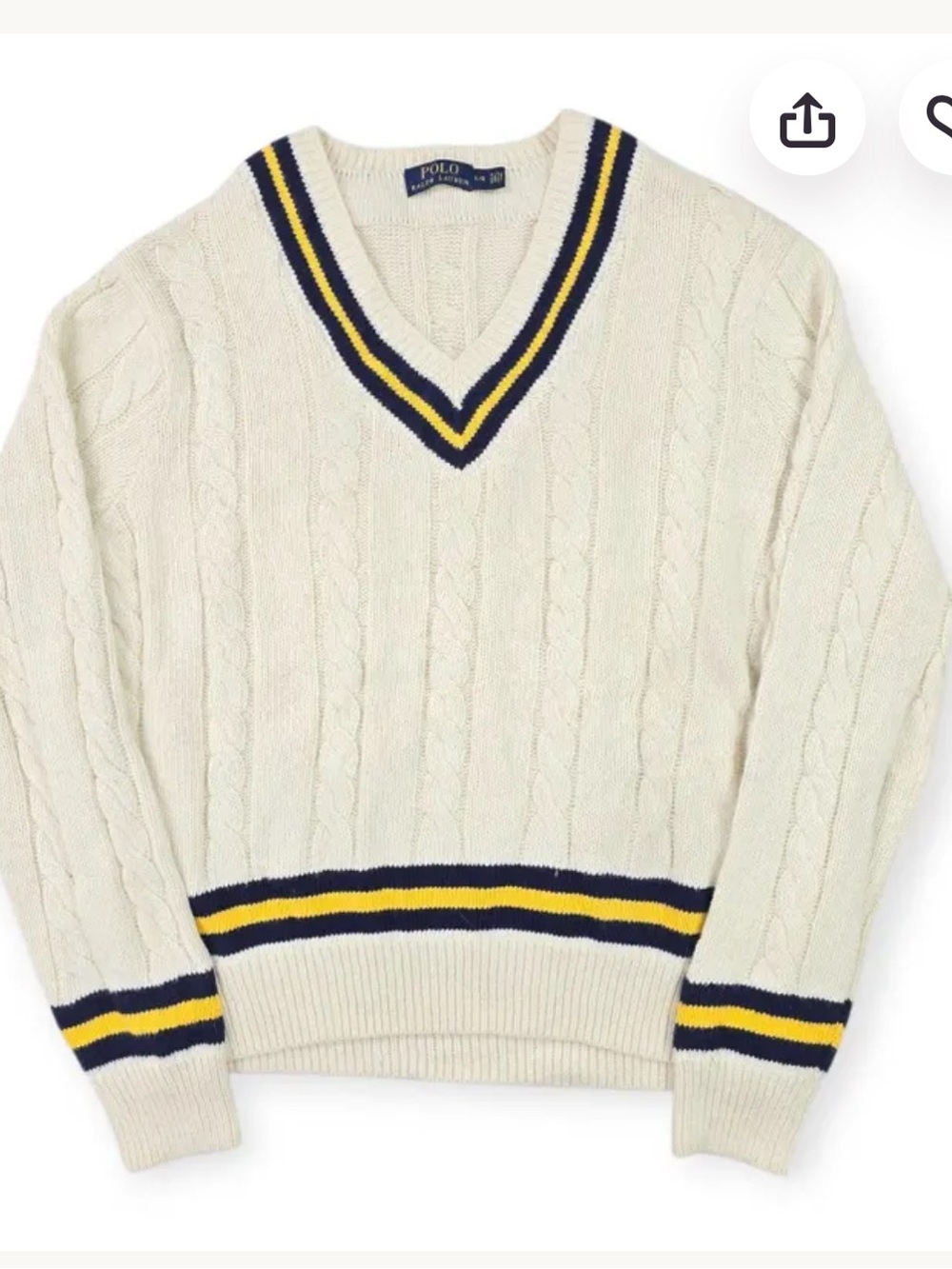 Ralph Lauren y2k cricket sweater Cream Cable-Knit V-Neck Sweater